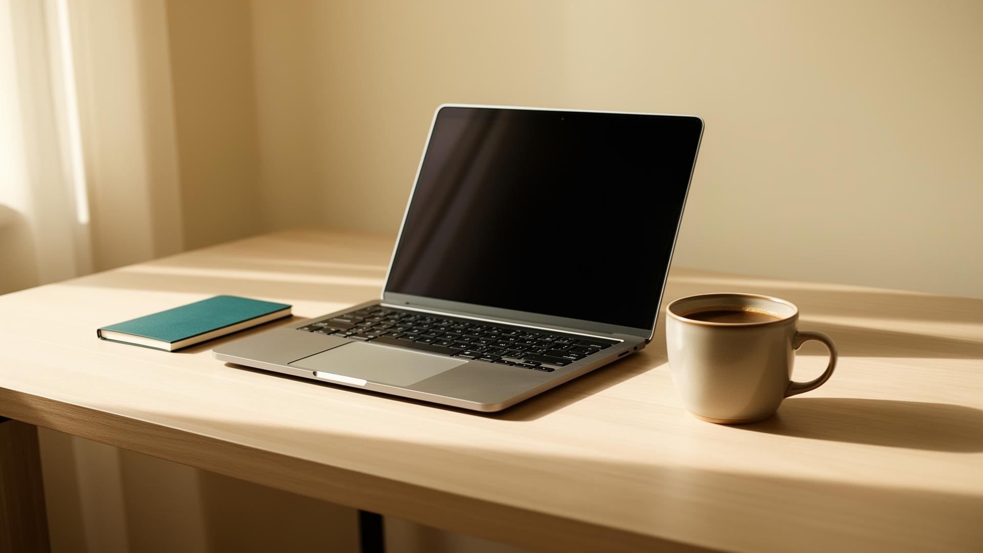 Workspace mínimo com laptop e caderno em luz natural