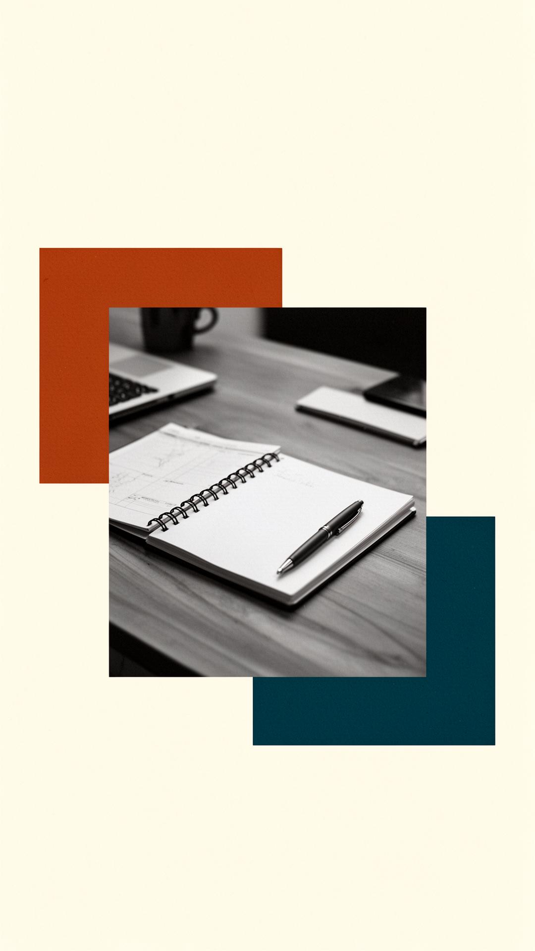 Colagem editorial de uma mesa de trabalho com caderno e formas geométricas